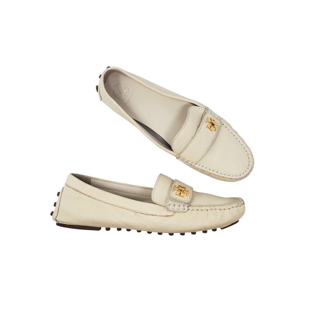 Tory Burch Kira Driver Leather Loafers Flats New Cream White 56443 Size 8.5 M